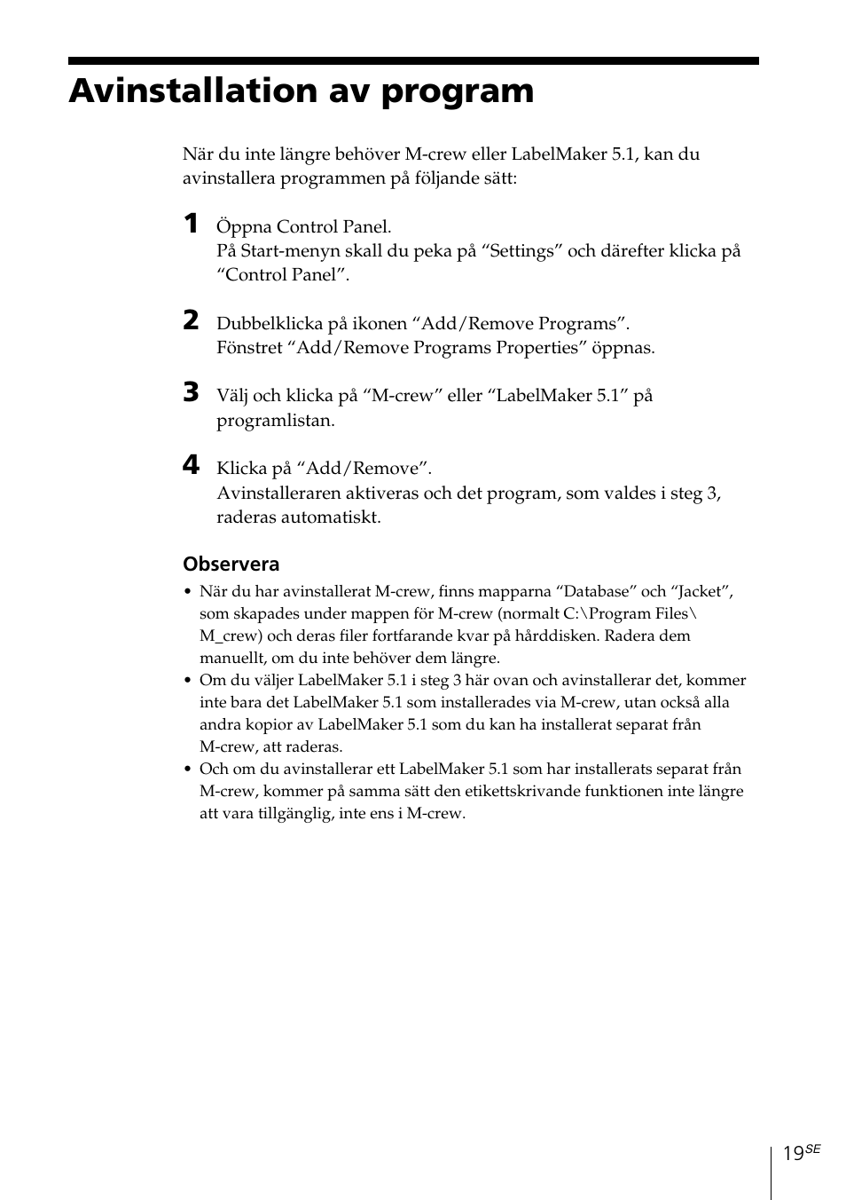 Avinstallation av program | Sony MDS-PC3 User Manual | Page 159 / 254