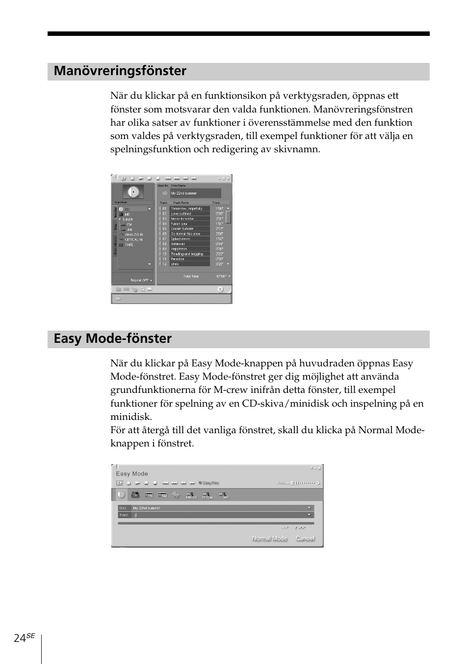 Manövreringsfönster, Easy mode-fönster | Sony MDS-PC3 User Manual | Page 164 / 254