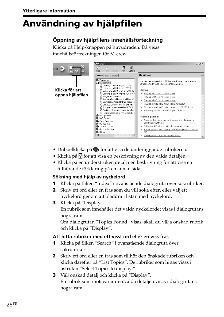 Ytterligare information, Användning av hjälpfilen | Sony MDS-PC3 User Manual | Page 166 / 254