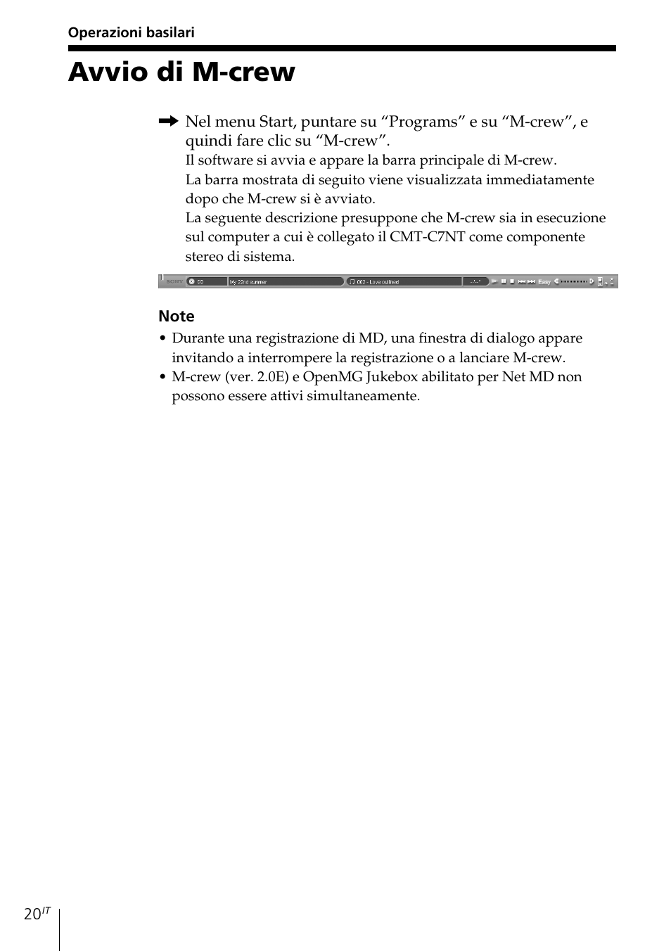 Operazioni basilari, Avvio di m-crew | Sony MDS-PC3 User Manual | Page 188 / 254