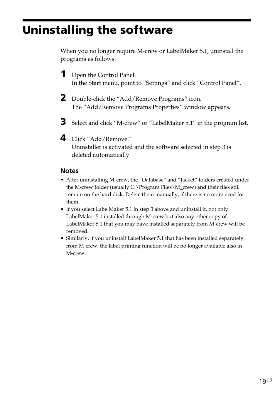 Uninstalling the software | Sony MDS-PC3 User Manual | Page 19 / 254