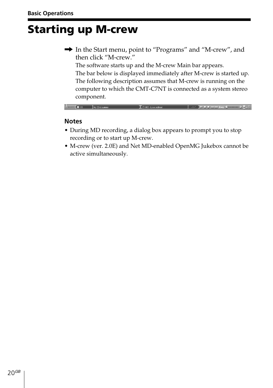 Basic operations, Starting up m-crew | Sony MDS-PC3 User Manual | Page 20 / 254