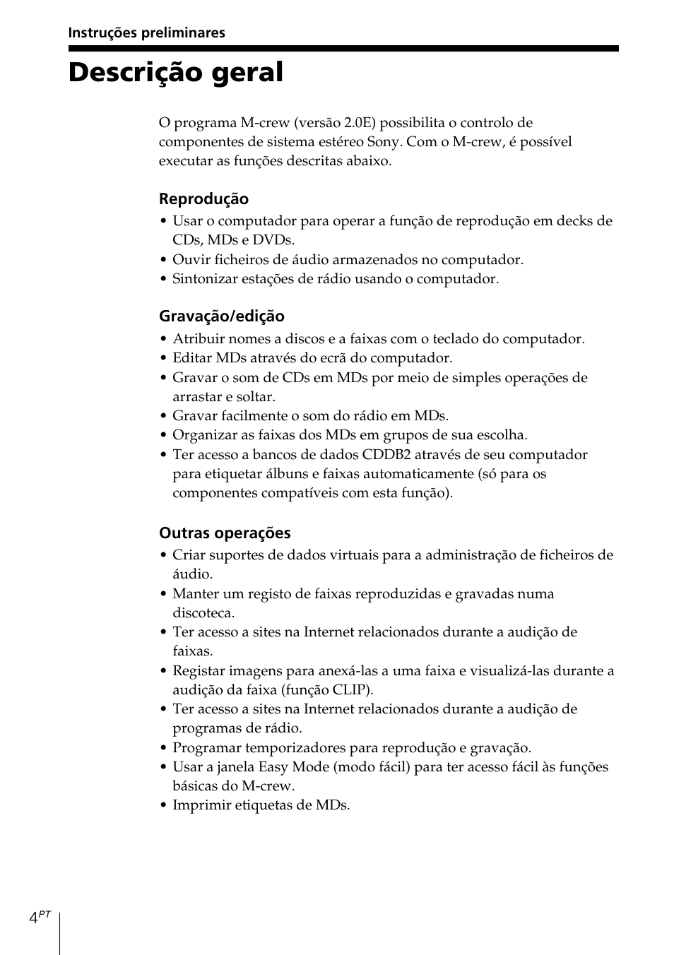 Instruções preliminares, Descrição geral | Sony MDS-PC3 User Manual | Page 200 / 254