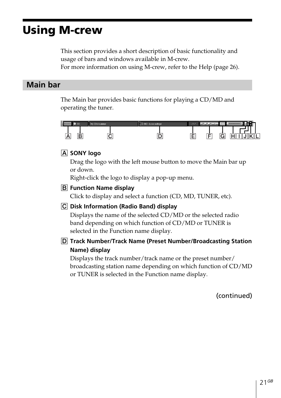Using m-crew, Main bar | Sony MDS-PC3 User Manual | Page 21 / 254