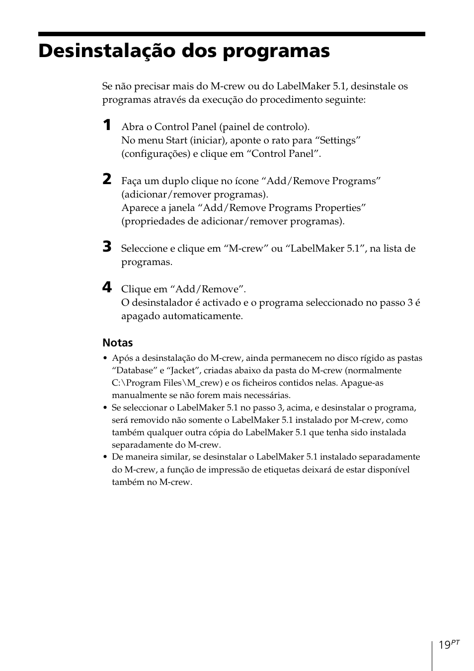 Desinstalação dos programas | Sony MDS-PC3 User Manual | Page 215 / 254