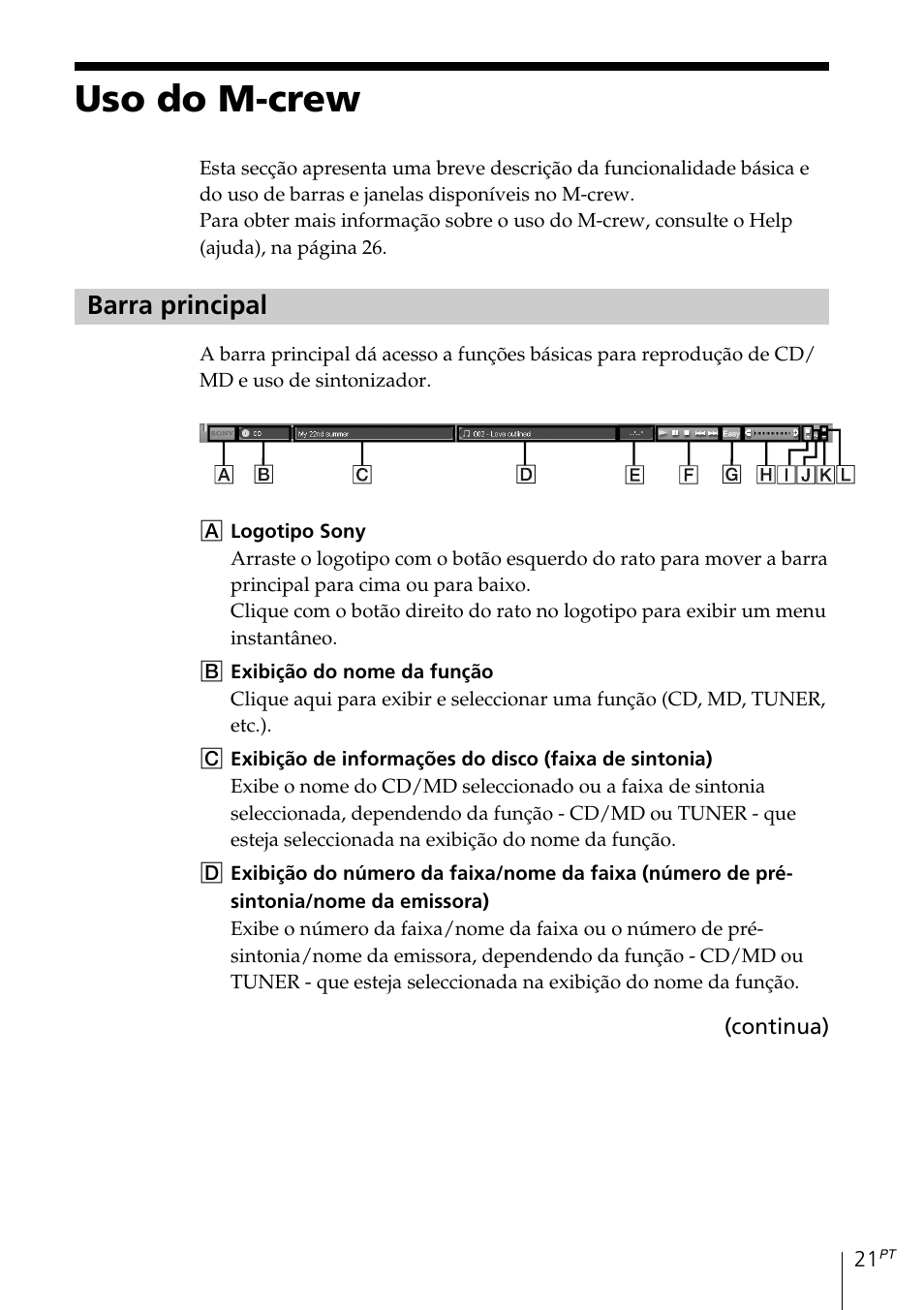 Uso do m-crew, Barra principal | Sony MDS-PC3 User Manual | Page 217 / 254