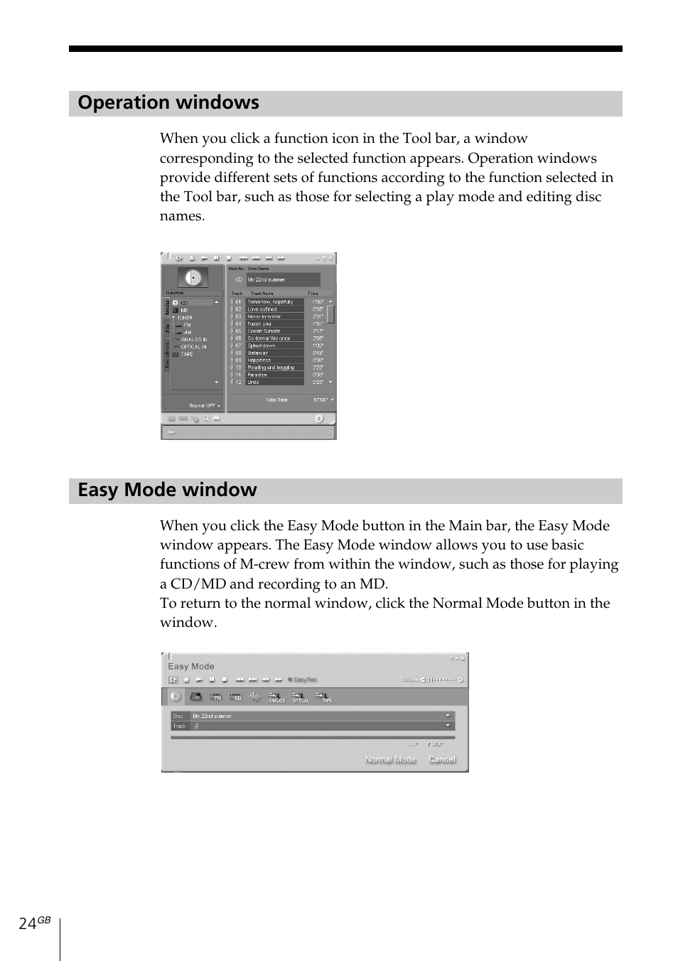 Operation windows, Easy mode window | Sony MDS-PC3 User Manual | Page 24 / 254