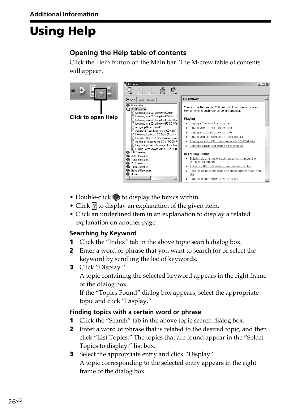 Additional information, Using help | Sony MDS-PC3 User Manual | Page 26 / 254