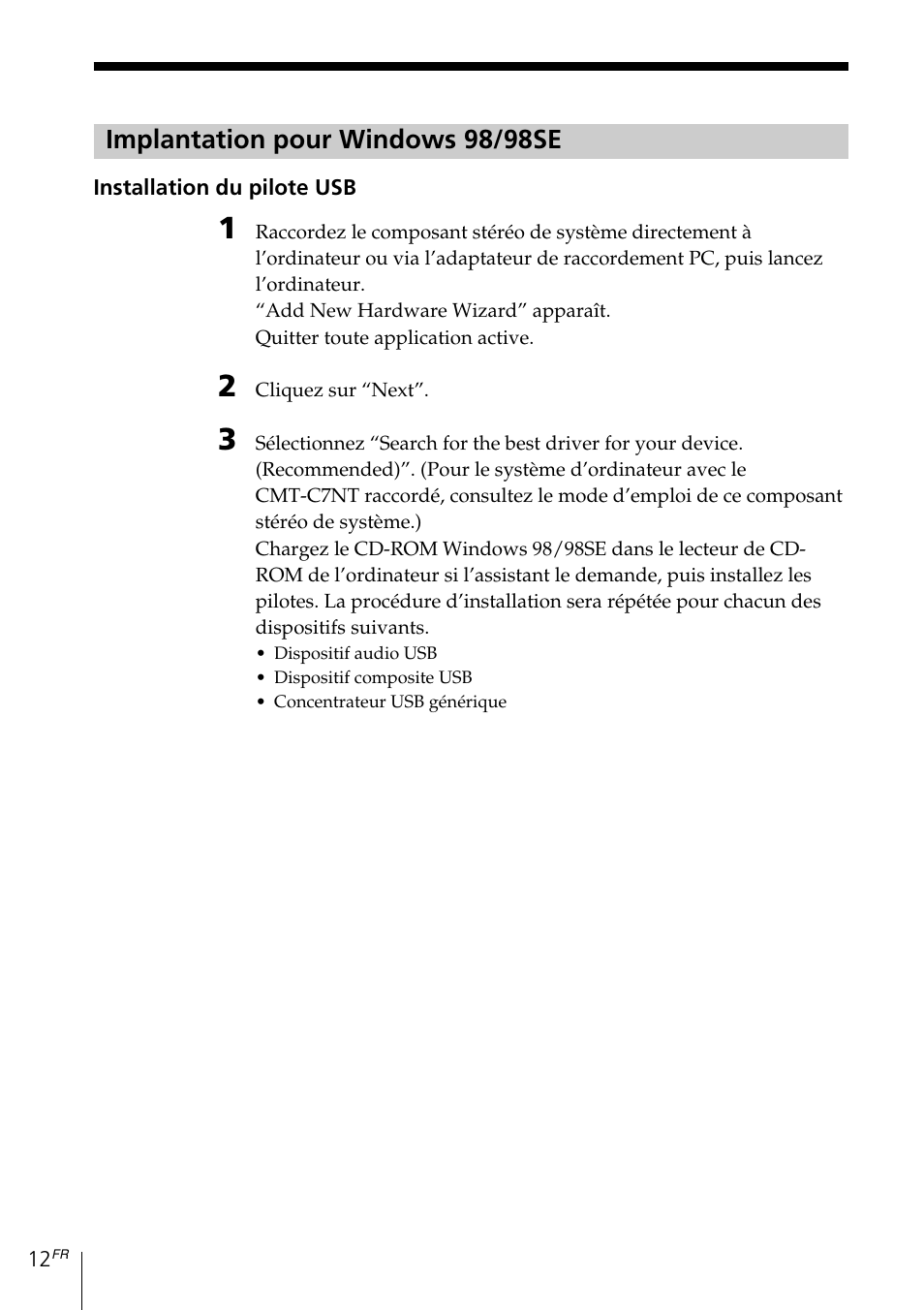 Implantation pour windows 98/98se | Sony MDS-PC3 User Manual | Page 40 / 254
