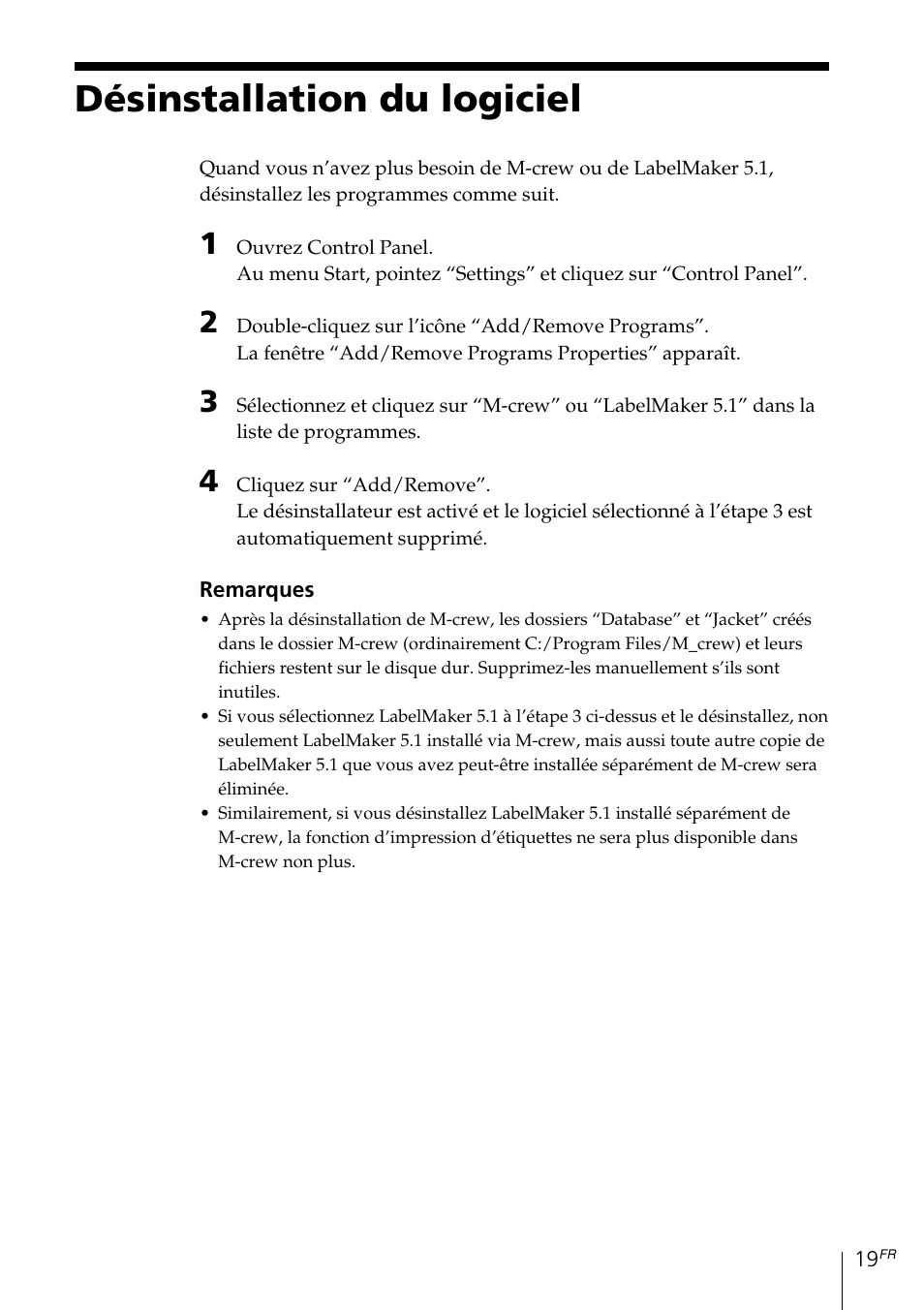 Désinstallation du logiciel | Sony MDS-PC3 User Manual | Page 47 / 254