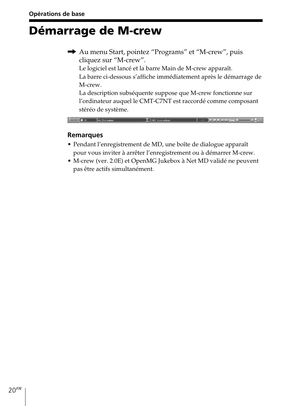 Opérations de base, Démarrage de m-crew | Sony MDS-PC3 User Manual | Page 48 / 254