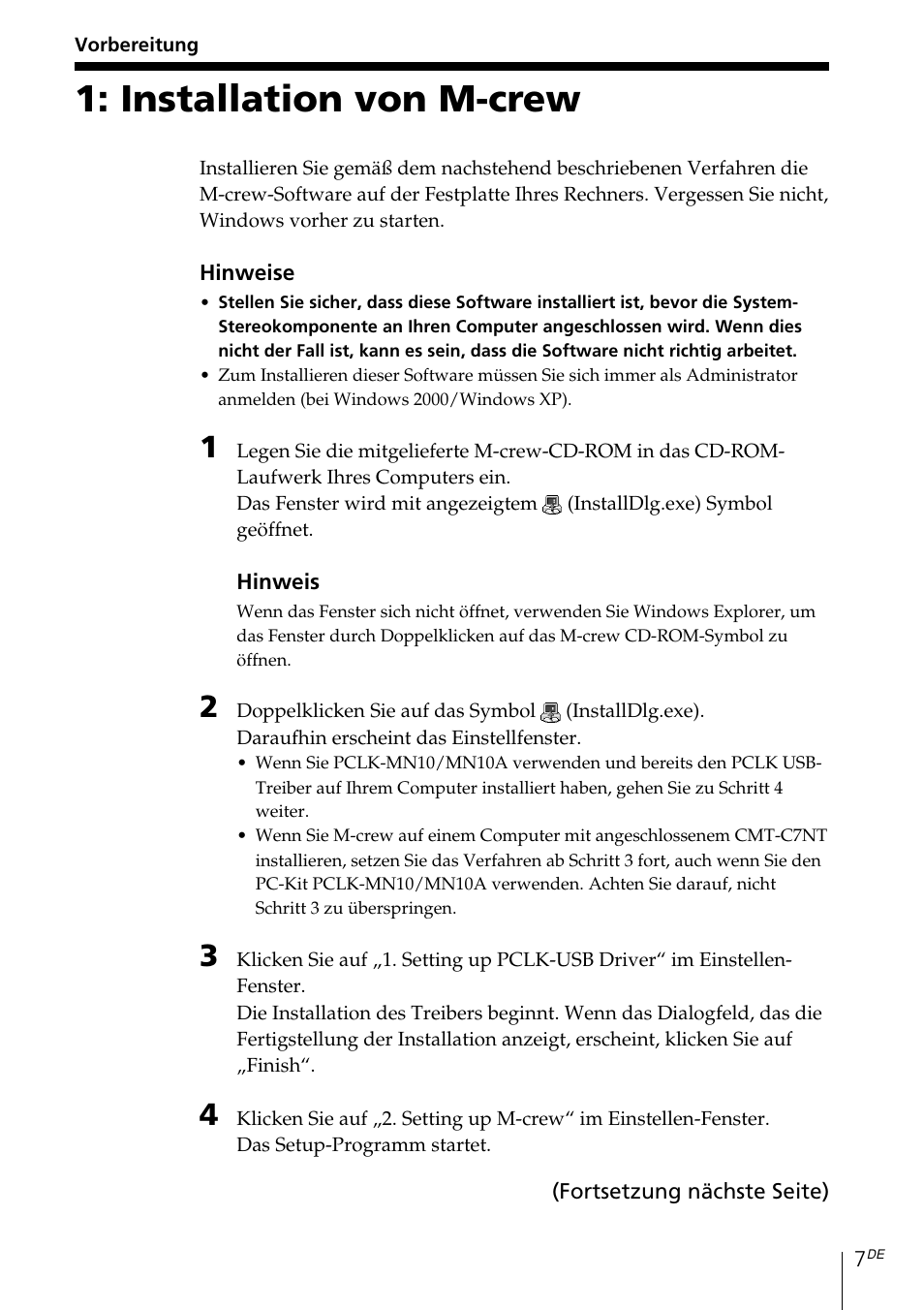 Vorbereitung, Installation von m-crew | Sony MDS-PC3 User Manual | Page 63 / 254