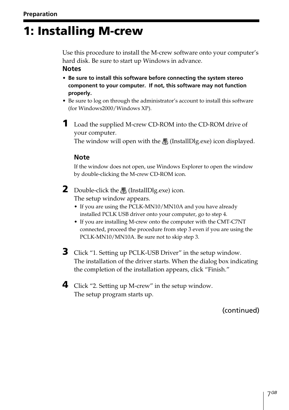 Preparation, Installing m-crew | Sony MDS-PC3 User Manual | Page 7 / 254