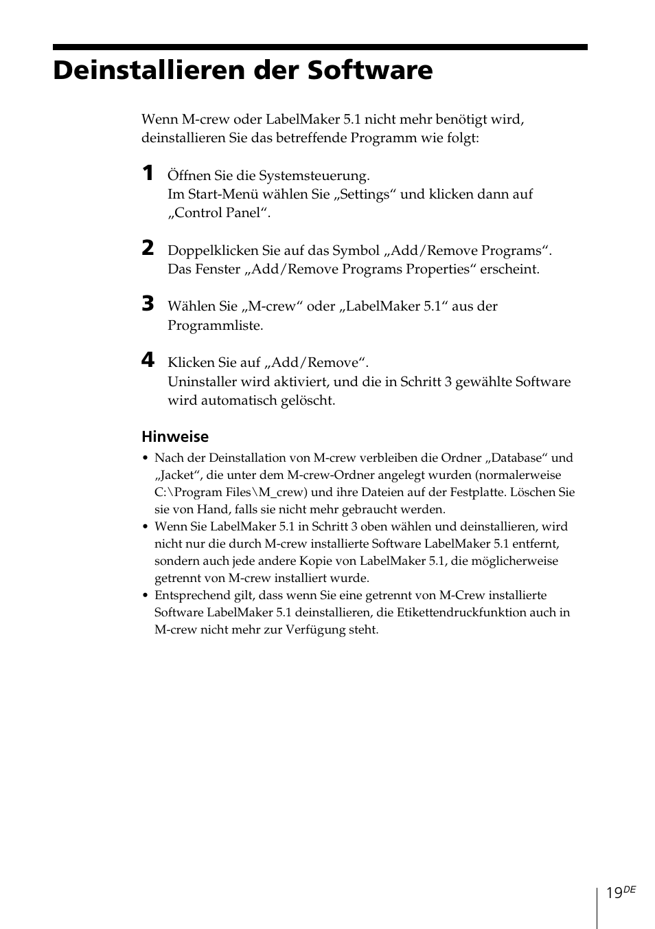Deinstallieren der software | Sony MDS-PC3 User Manual | Page 75 / 254