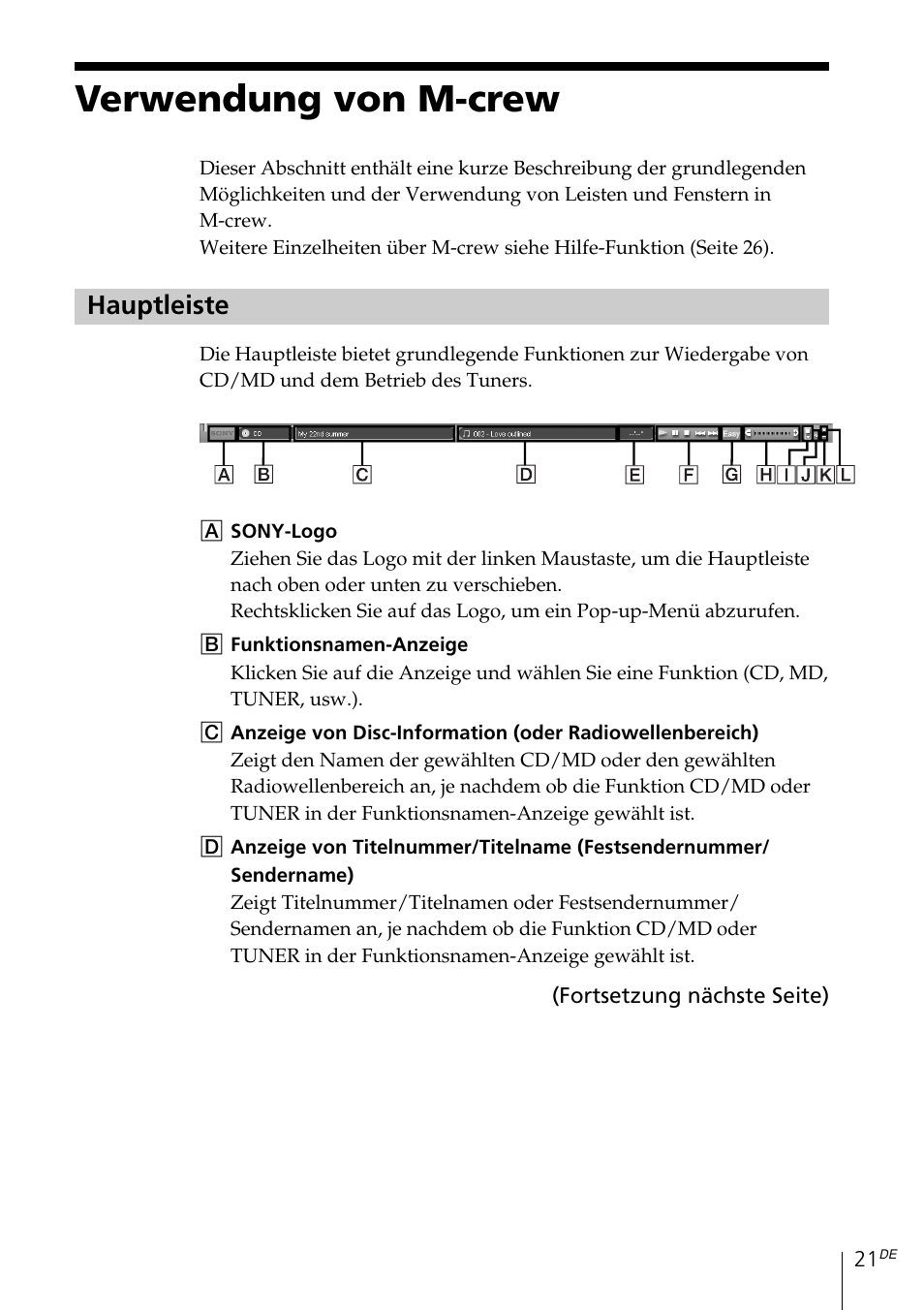 Verwendung von m-crew, Hauptleiste | Sony MDS-PC3 User Manual | Page 77 / 254