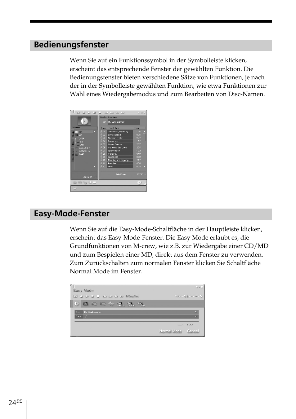 Bedienungsfenster, Easy-mode-fenster | Sony MDS-PC3 User Manual | Page 80 / 254