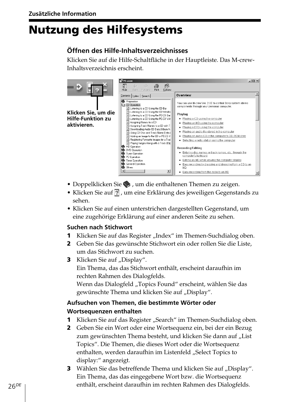 Zusätzliche information, Nutzung des hilfesystems | Sony MDS-PC3 User Manual | Page 82 / 254