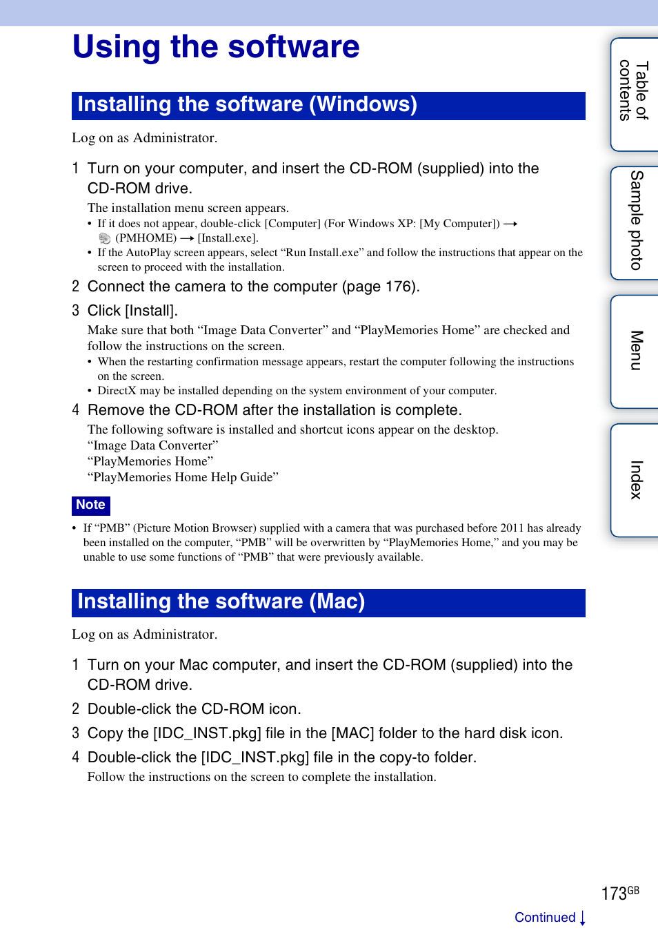 Using the software, Installing the software (windows), Installing the software (mac) | Sony NEX-F3 User Manual | Page 173 / 206