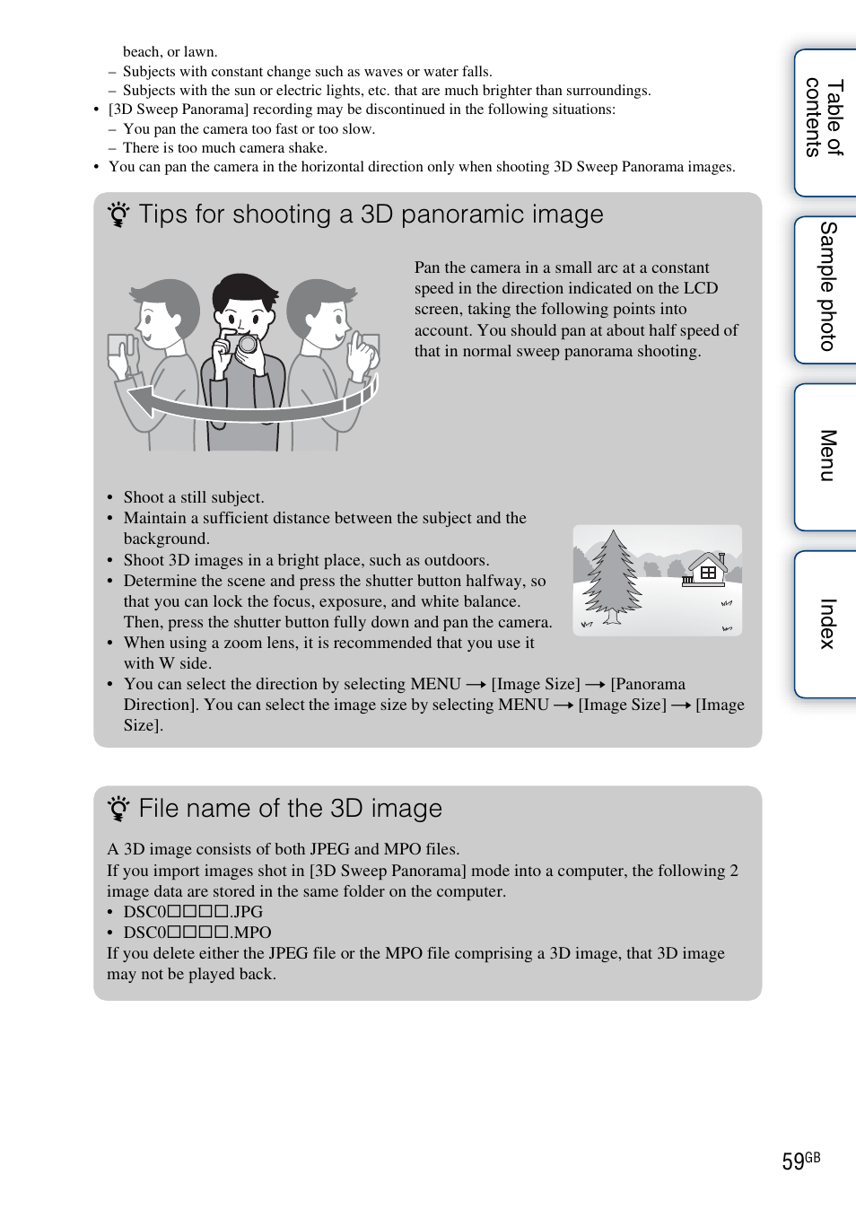 Tips for shooting a 3d panoramic image, File name of the 3d image | Sony NEX-F3 User Manual | Page 59 / 206
