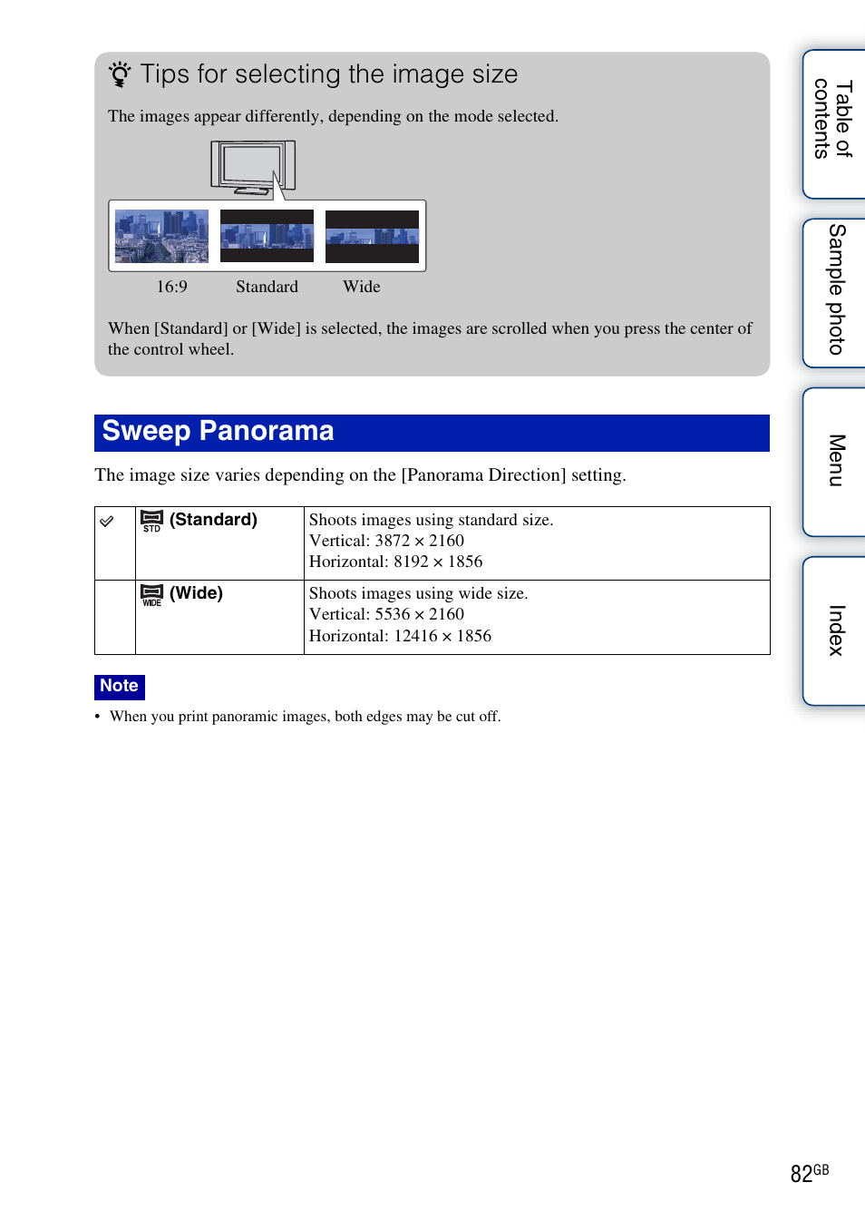 Sweep panorama, Tips for selecting the image size | Sony NEX-F3 User Manual | Page 82 / 206