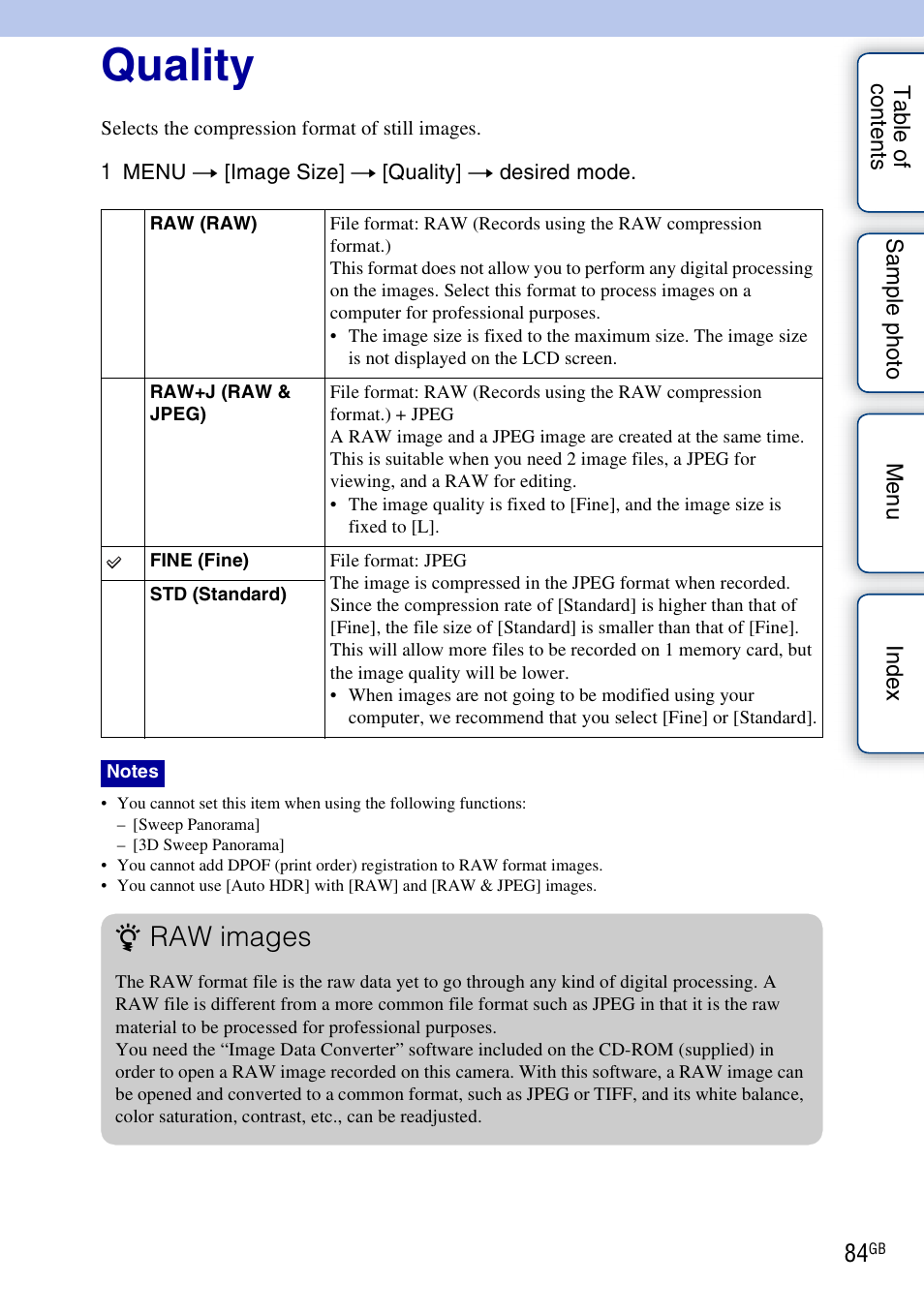 Quality, Raw images | Sony NEX-F3 User Manual | Page 84 / 206