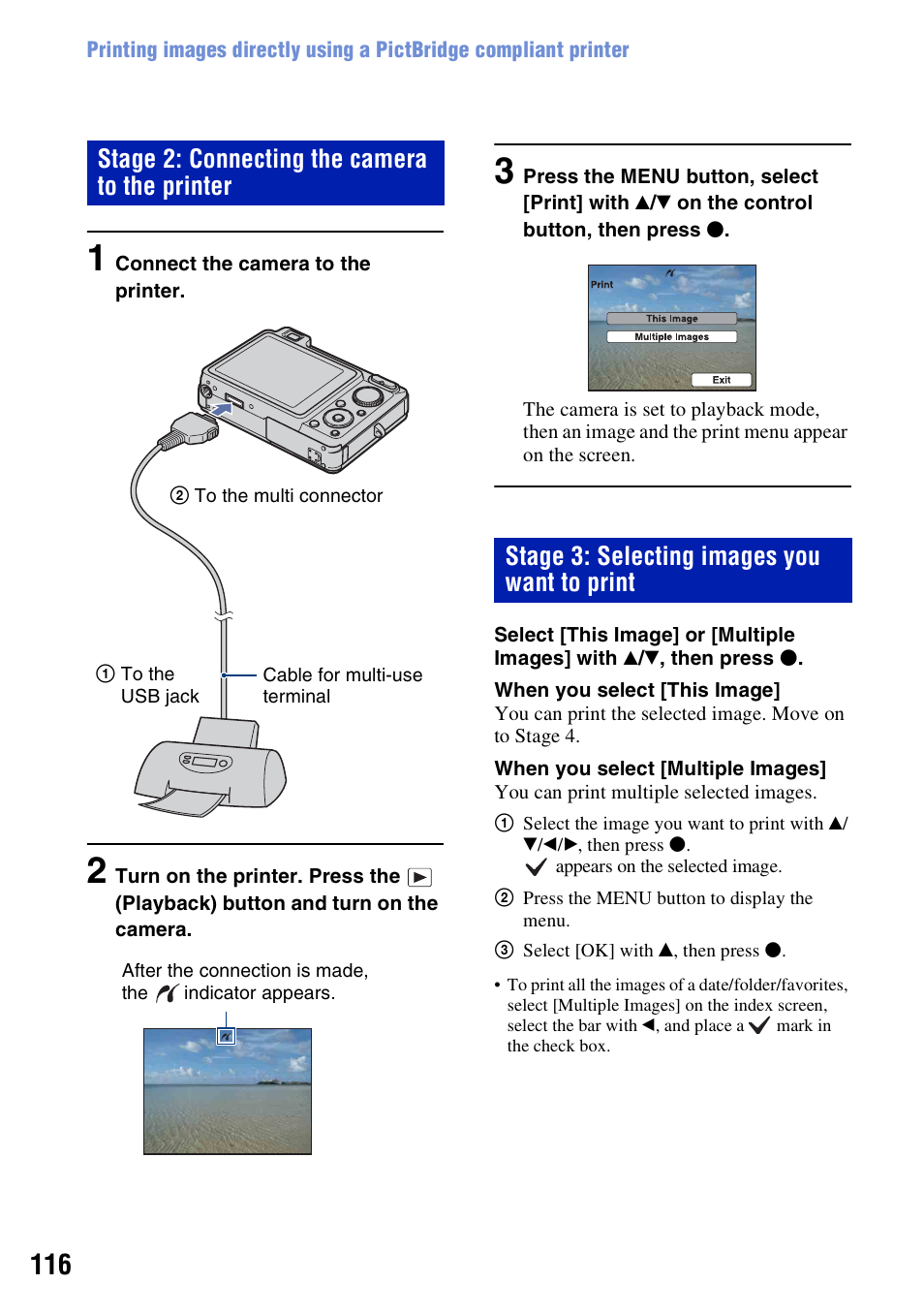 Stage 2: connecting the camera to the printer, Stage 3: selecting images you want to print | Sony DSC-W300 User Manual | Page 116 / 145