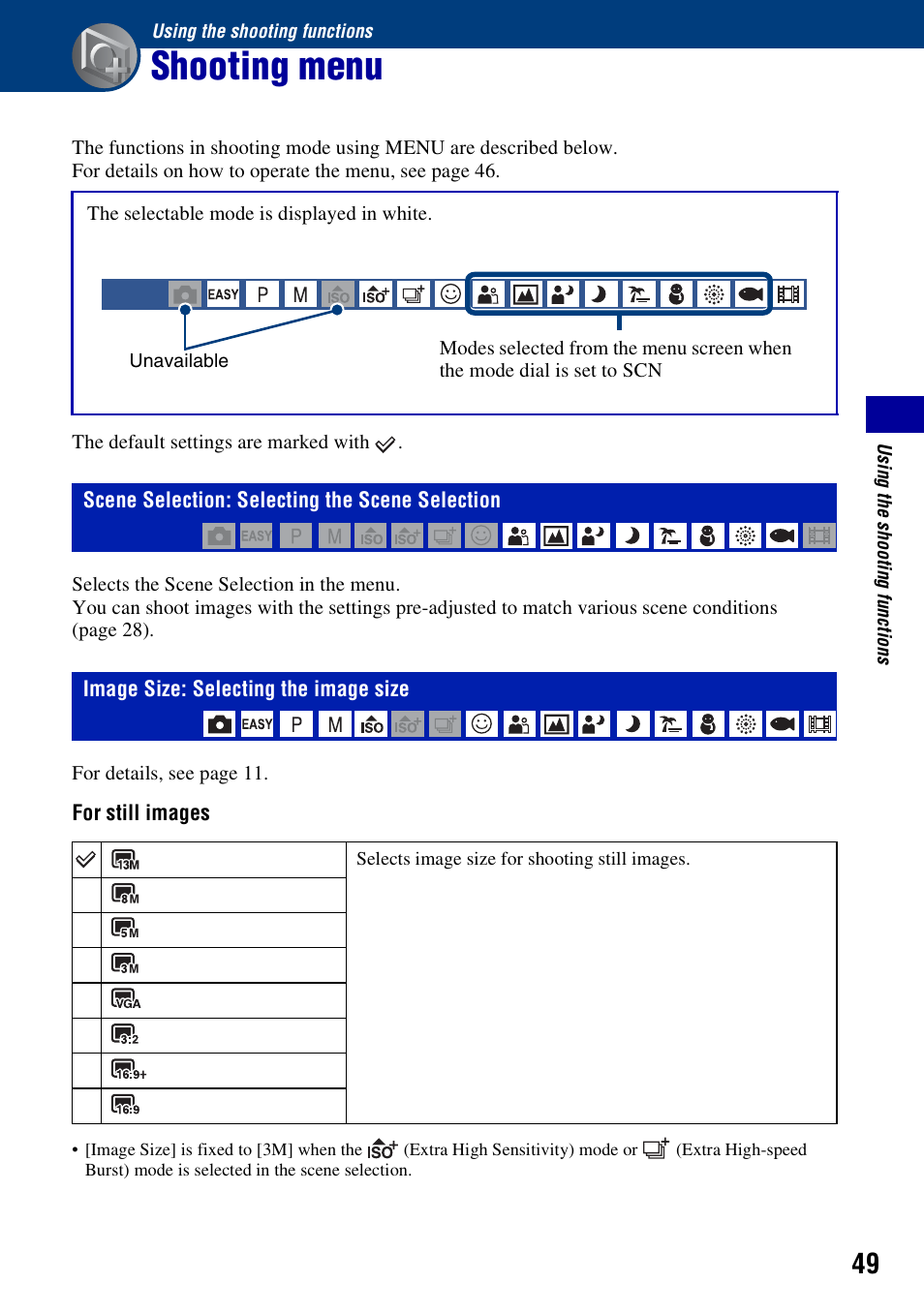Using the shooting functions, Shooting menu, Scene selection: selecting the scene selection | Image size: selecting the image size | Sony DSC-W300 User Manual | Page 49 / 145