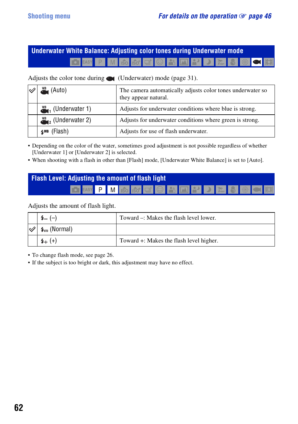 Flash level: adjusting the amount of flash light | Sony DSC-W300 User Manual | Page 62 / 145