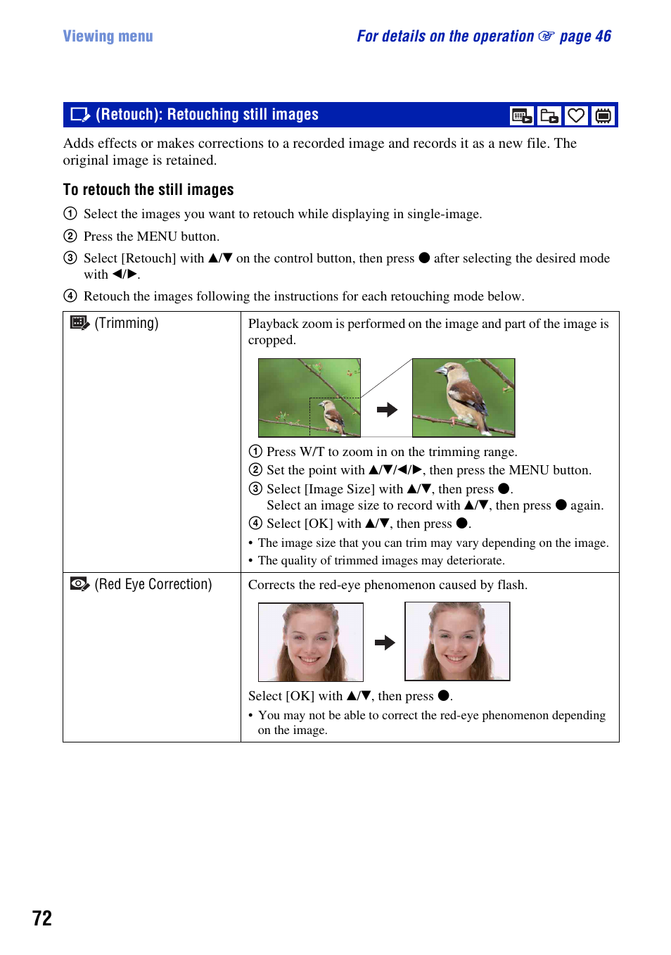 Retouch: retouching still images, Retouch): retouching still images | Sony DSC-W300 User Manual | Page 72 / 145