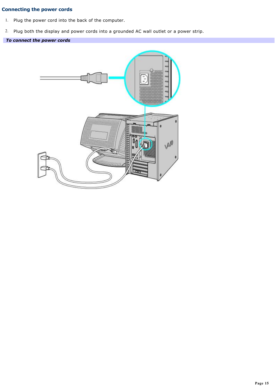 Connecting the power cords | Sony PCV-RXA842 User Manual | Page 15 / 97