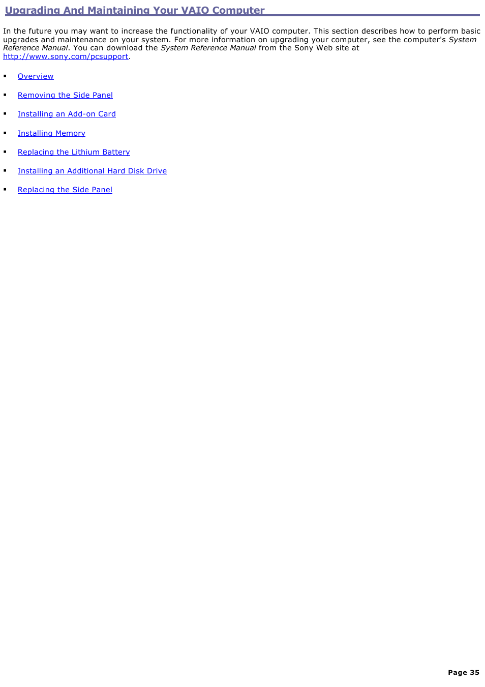 Upgrading and maintaining your vaio computer | Sony PCV-RXA842 User Manual | Page 35 / 97