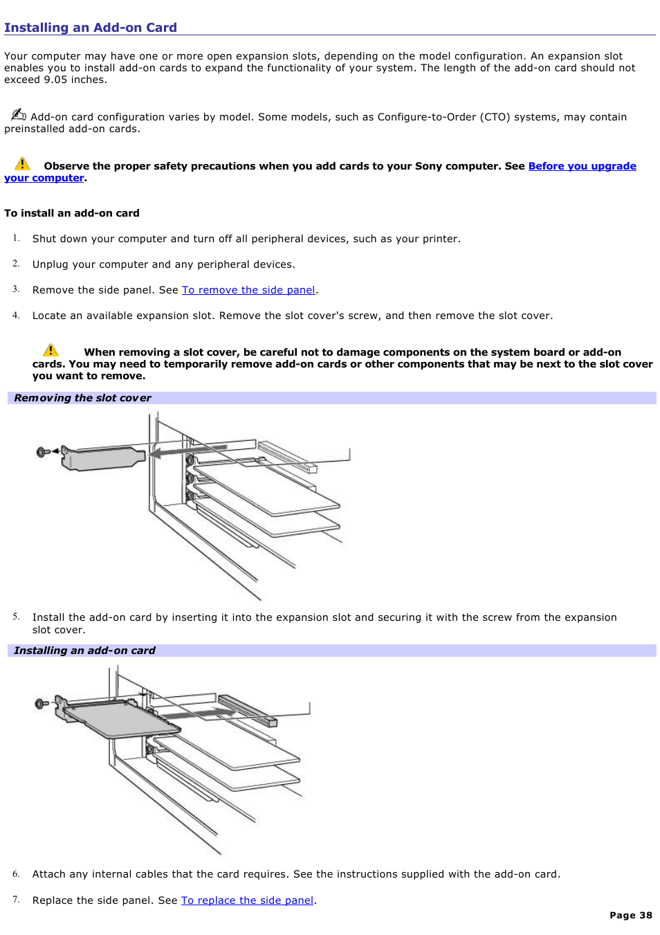 Installing an add-on card | Sony PCV-RXA842 User Manual | Page 38 / 97