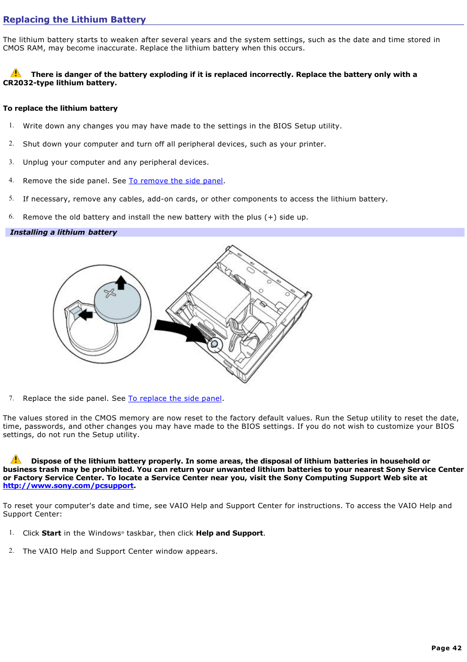 Replacing the lithium battery | Sony PCV-RXA842 User Manual | Page 42 / 97