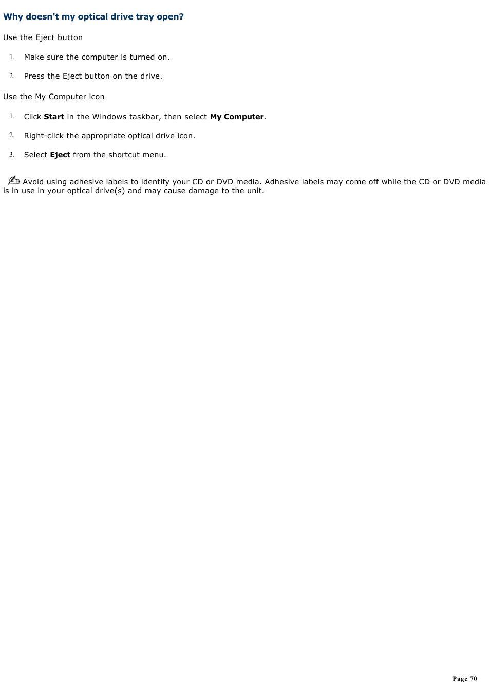 Why doesn't my optical drive tray open | Sony PCV-RXA842 User Manual | Page 70 / 97