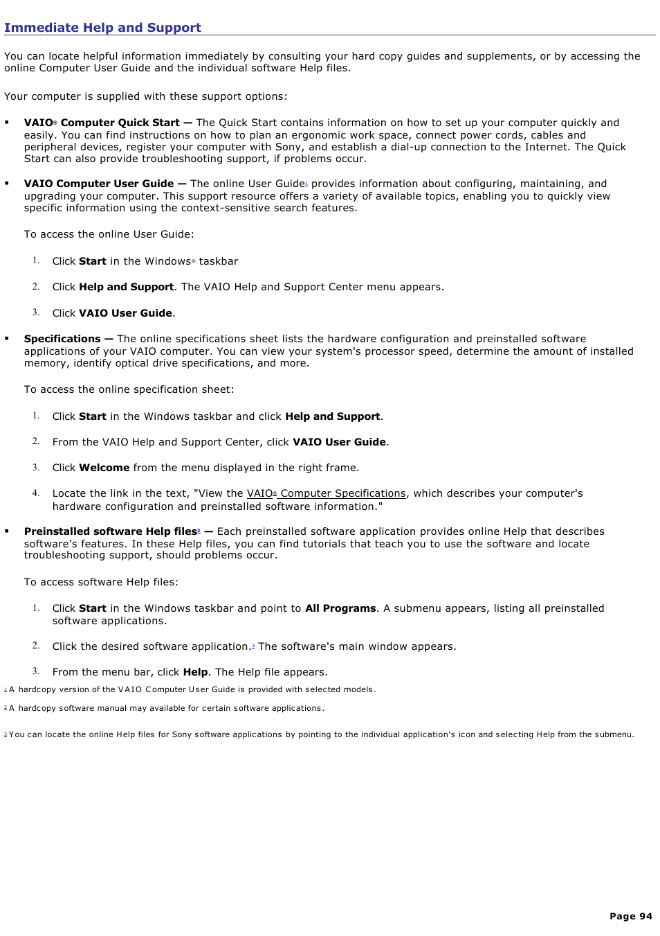 Immediate help and support | Sony PCV-RXA842 User Manual | Page 94 / 97