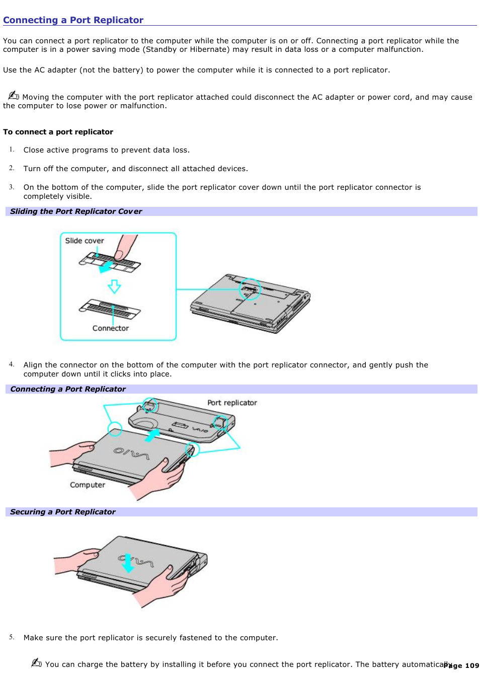 Connecting a port replicator | Sony PCG-V505EC User Manual | Page 109 / 148