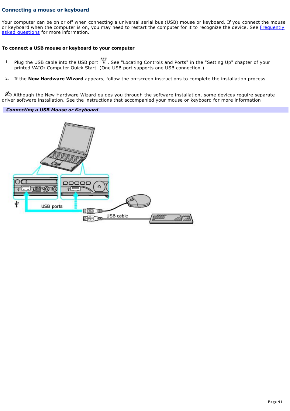Connecting a mouse or keyboard | Sony PCG-V505EC User Manual | Page 91 / 148