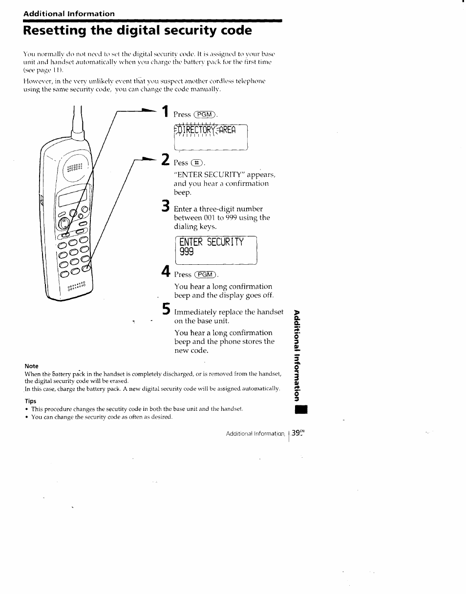 Resetting the digital security code, Irector'(=tìretì, Note | Enter security | Sony SPP-A700 User Manual | Page 39 / 92
