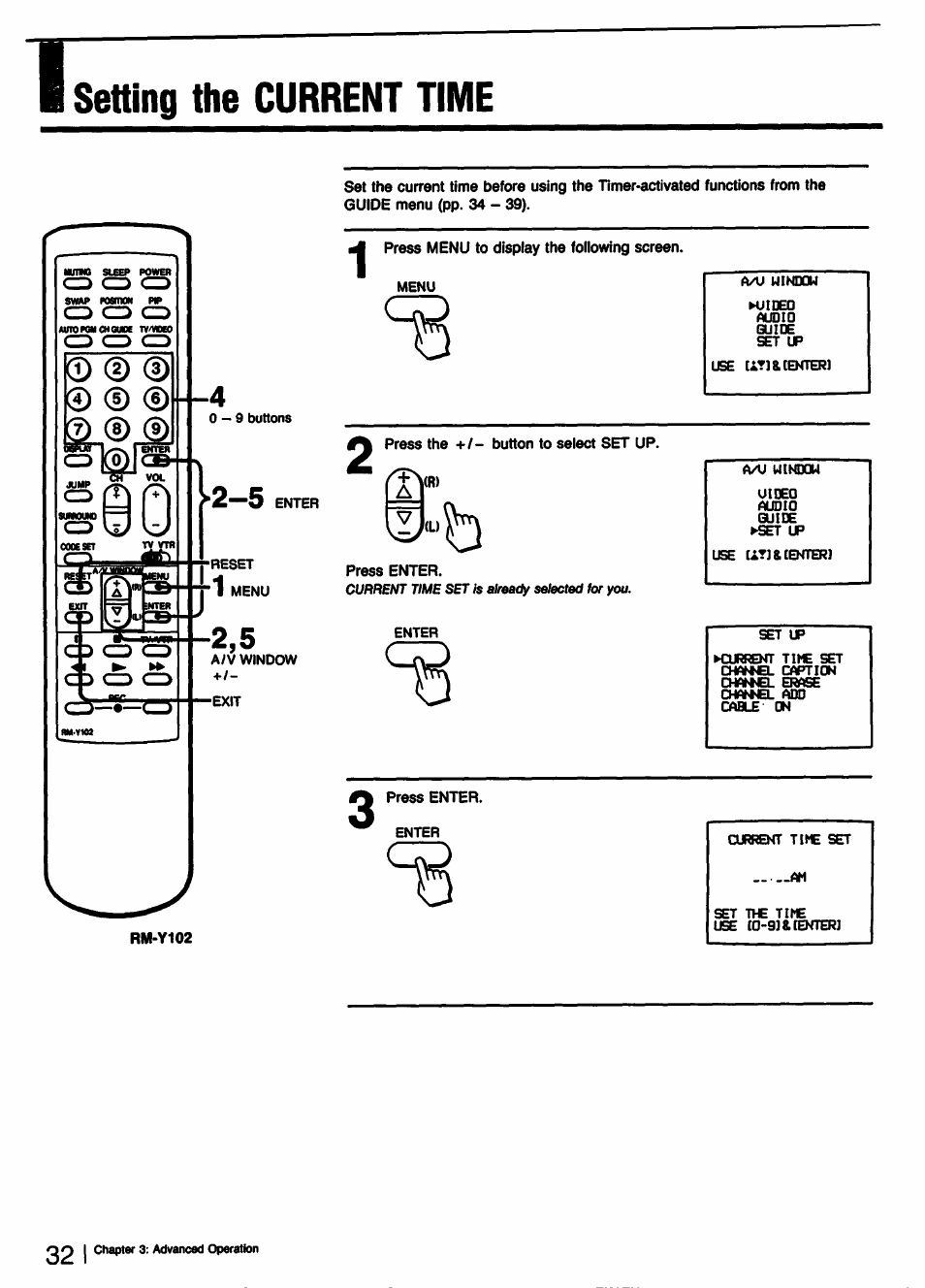 Setting the current time, Press menu to display the following screen, Press the +/- button to select set up | Press enter | Sony KV-32TS35 User Manual | Page 32 / 48