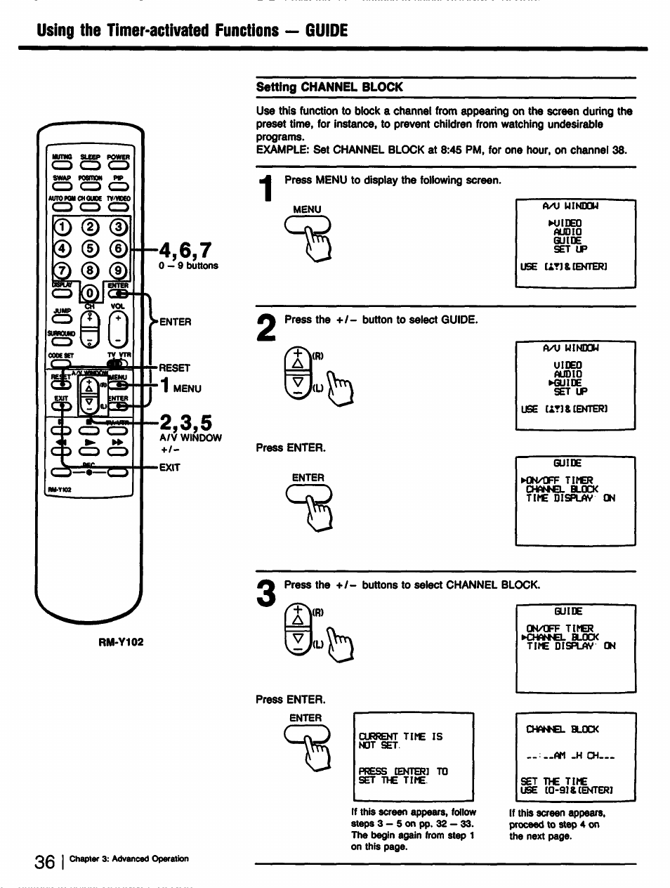 Using the timer-activated functions — guide, Setting channel block, Press menu to display the following screen | Press the +!- button to select guide, Enter, Press the +/- buttons to select channel block, Press enter | Sony KV-32TS35 User Manual | Page 36 / 48
