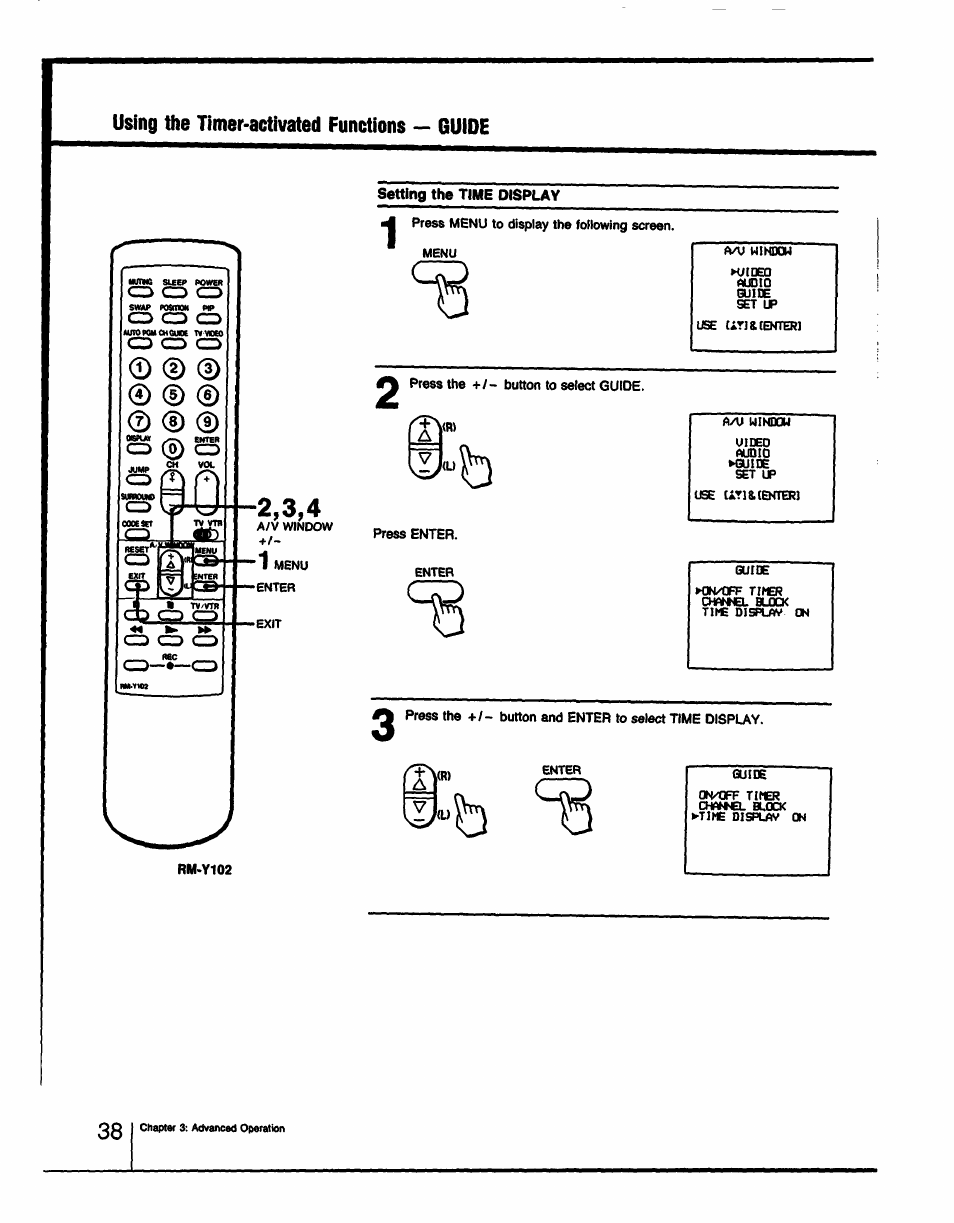 Using the timer-activated functions ~ guide, Setting the time display, Press menu to display the following screen. menu | Press the +/- button to select guide, Press enter, Setting the time dispuy | Sony KV-32TS35 User Manual | Page 38 / 48