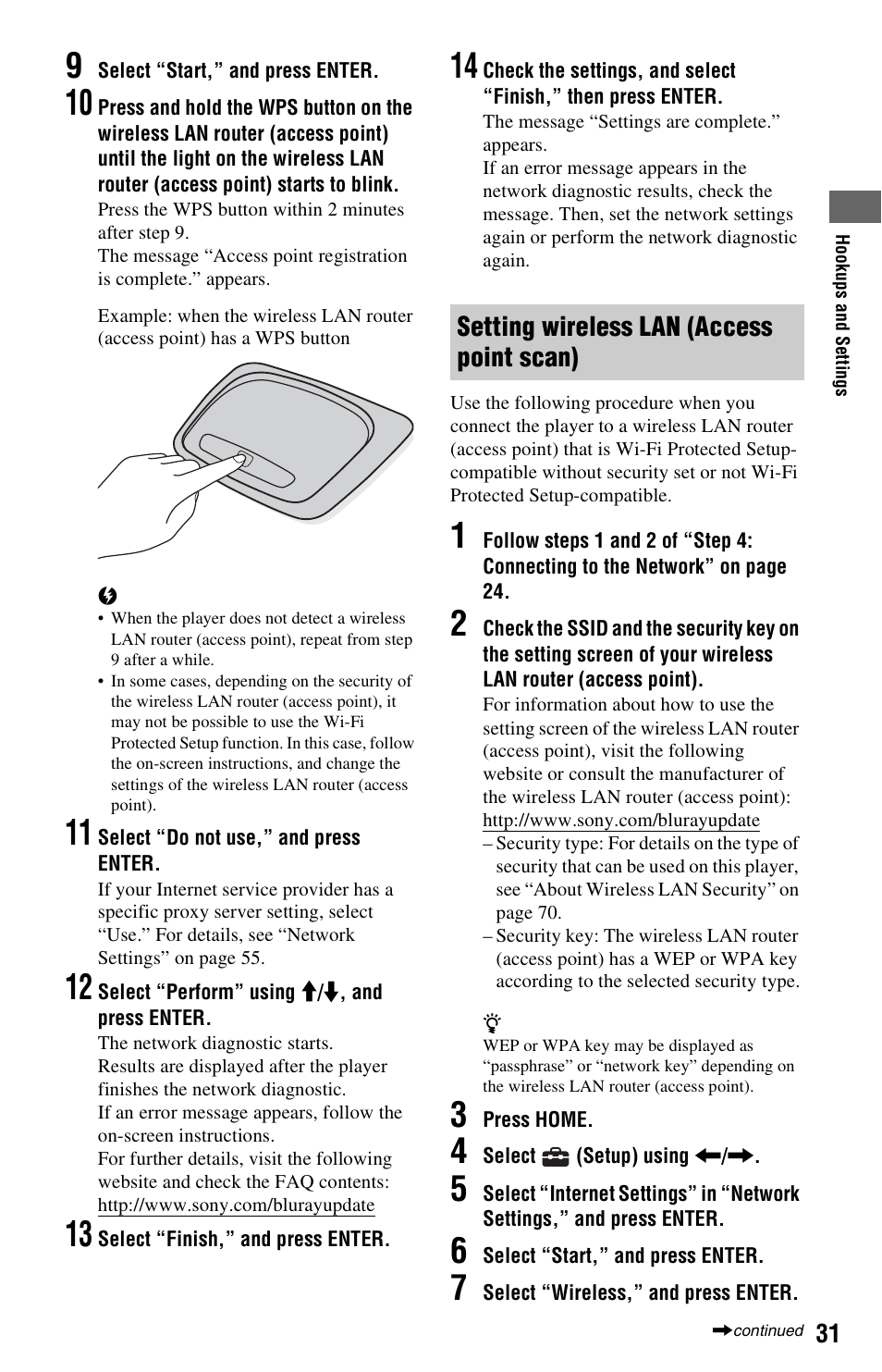 Setting wireless lan (access point scan) | Sony BDP-S560 User Manual | Page 31 / 87