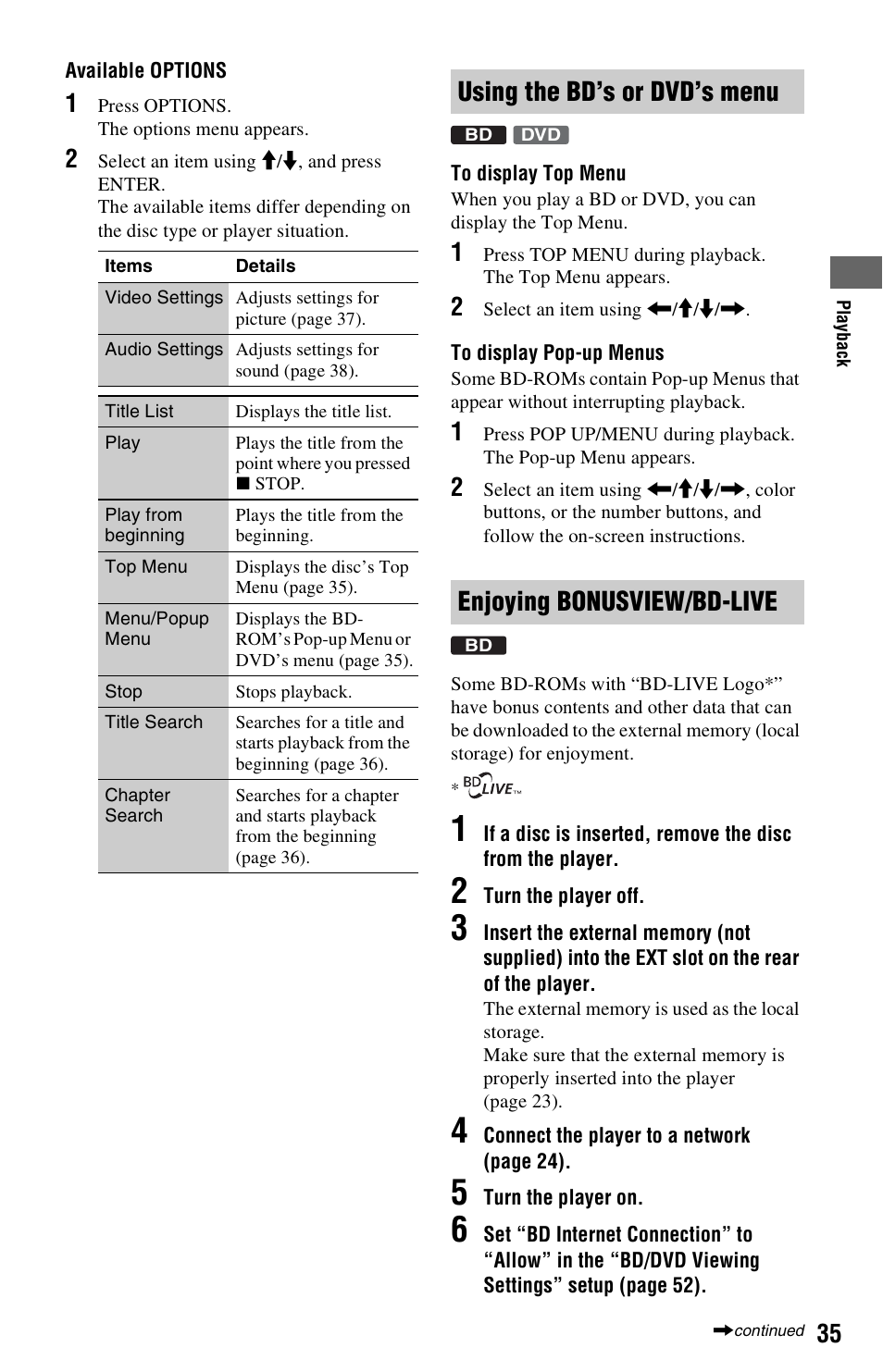 Using the bd’s or dvd’s menu, Enjoying bonusview/bd-live | Sony BDP-S560 User Manual | Page 35 / 87