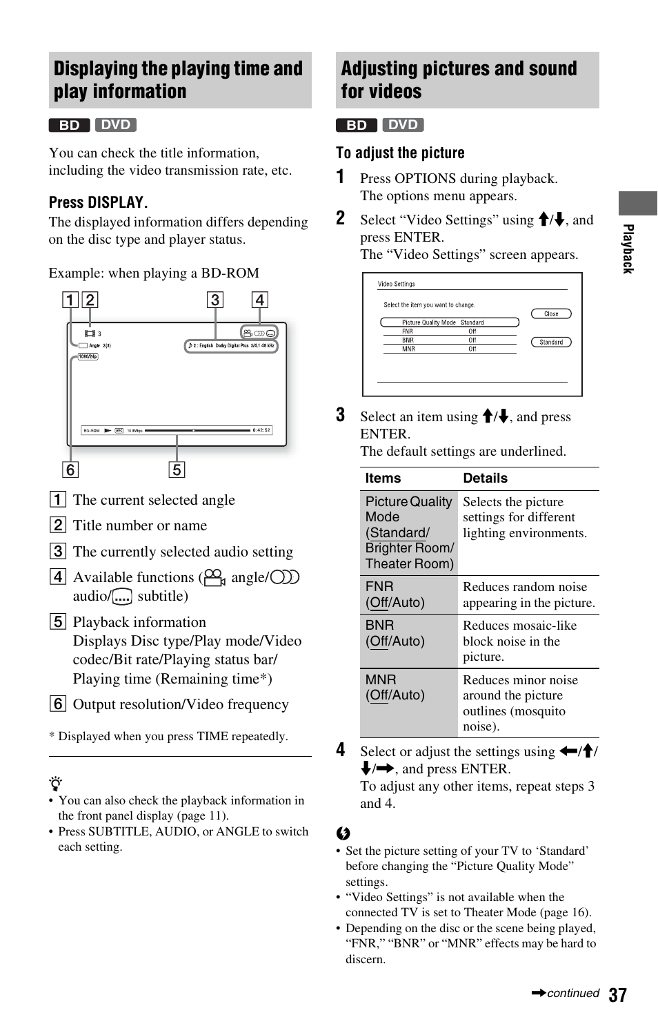 Displaying the playing time and play information, Adjusting pictures and sound for videos | Sony BDP-S560 User Manual | Page 37 / 87