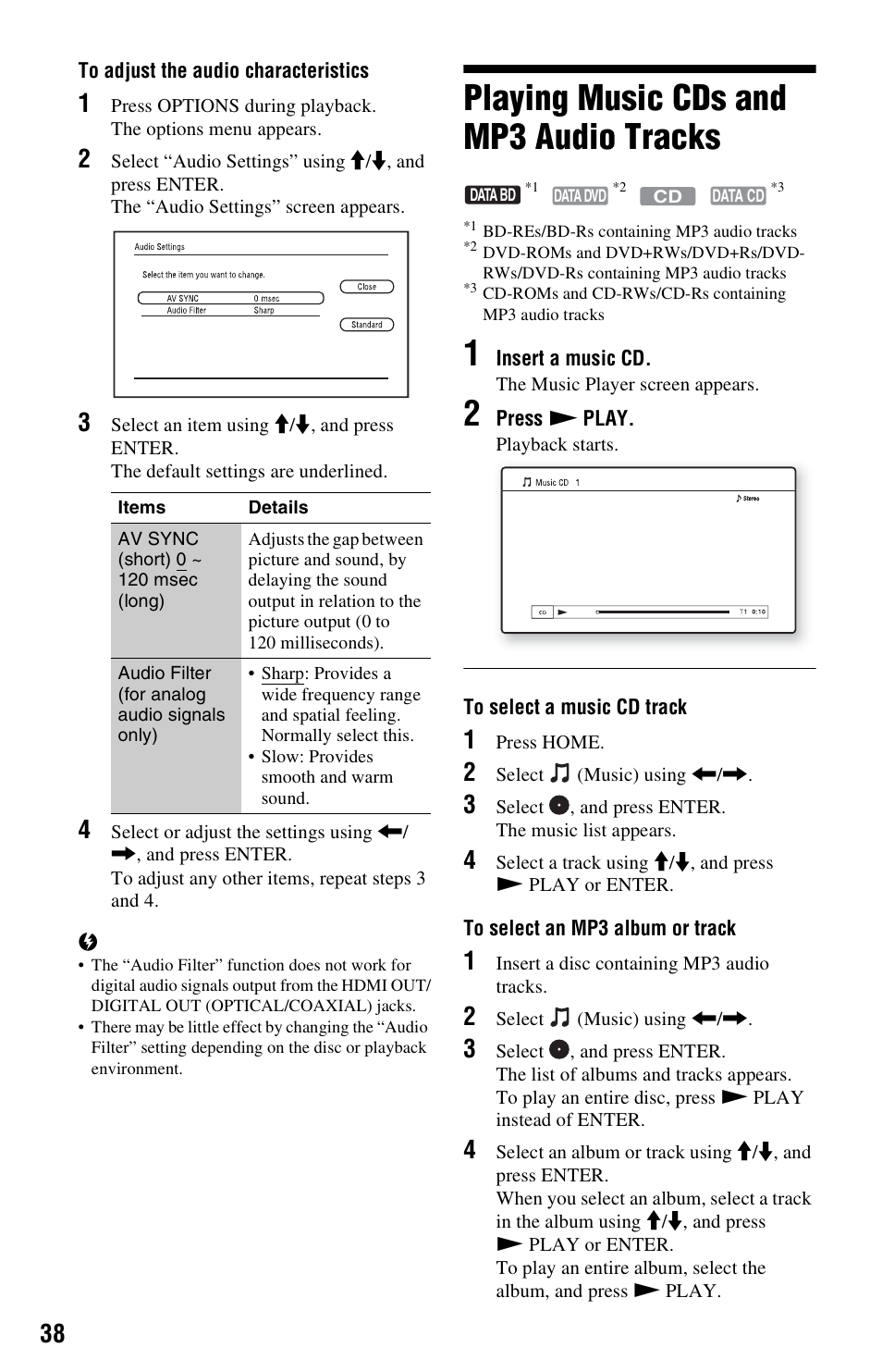 Playing music cds and mp3 audio tracks | Sony BDP-S560 User Manual | Page 38 / 87