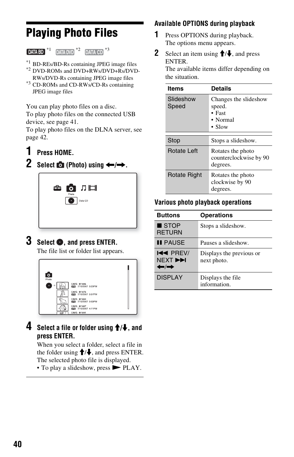 Playing photo files | Sony BDP-S560 User Manual | Page 40 / 87