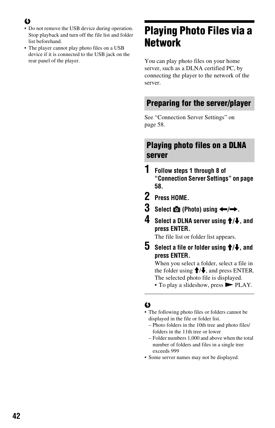 Playing photo files via a network, Preparing for the server/player, Playing photo files on a dlna server | Sony BDP-S560 User Manual | Page 42 / 87