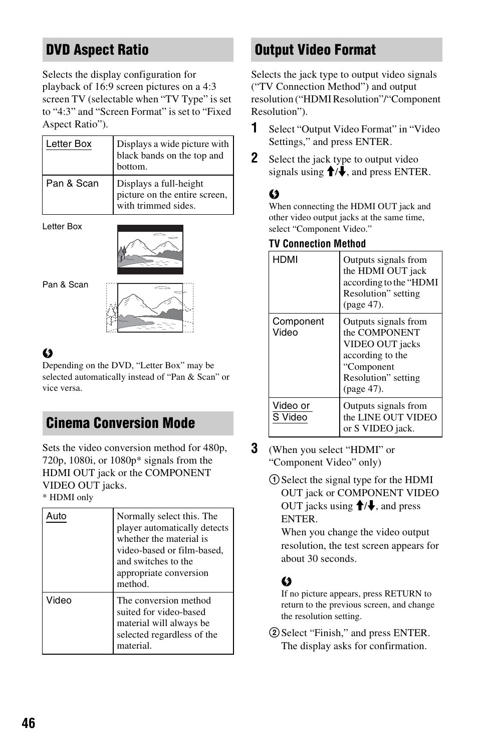 Dvd aspect ratio, Cinema conversion mode, Output video format | Sony BDP-S560 User Manual | Page 46 / 87