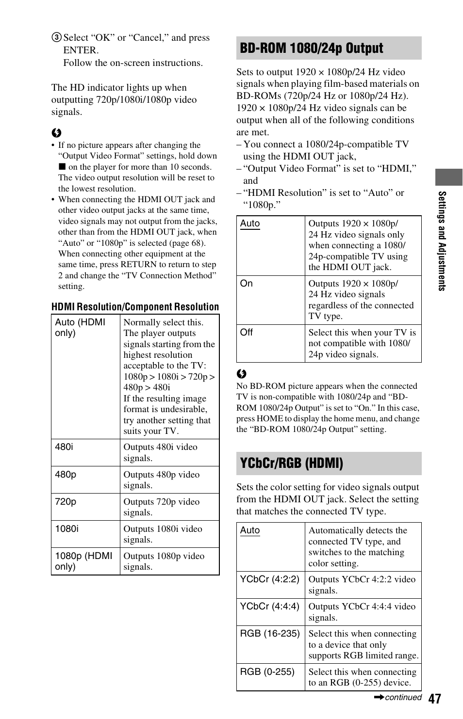 Ge 47, Ycbcr/rgb (hdmi) | Sony BDP-S560 User Manual | Page 47 / 87
