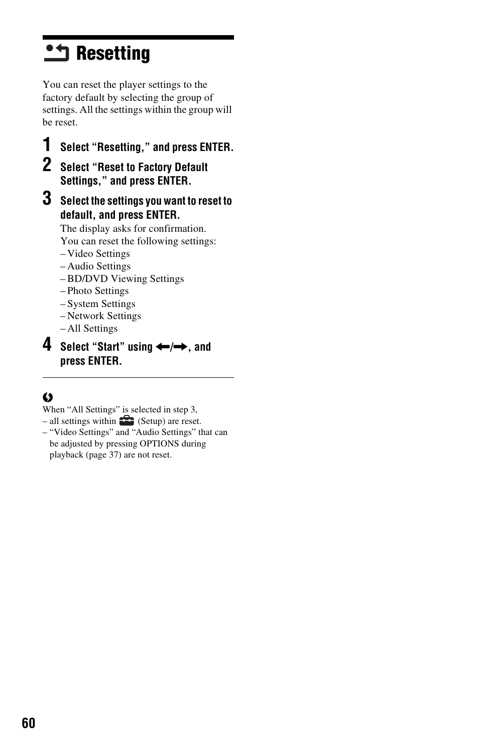 Resetting | Sony BDP-S560 User Manual | Page 60 / 87